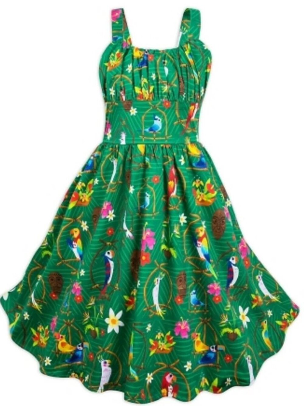 Tiki Room Summer Dress Fitted Circle Skirt Disneyland Green Tropical Size L